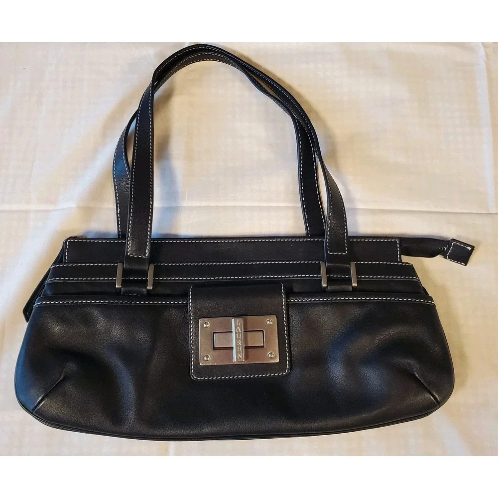 lauren ralph LRL Bag satchel handbag Black Turn Key Lock Top Handles Purse‎ Vtg